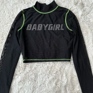 URBAN OUTFITTER Rhinestone Mesh Long Sleeve Crop Top “BABYGIRL”